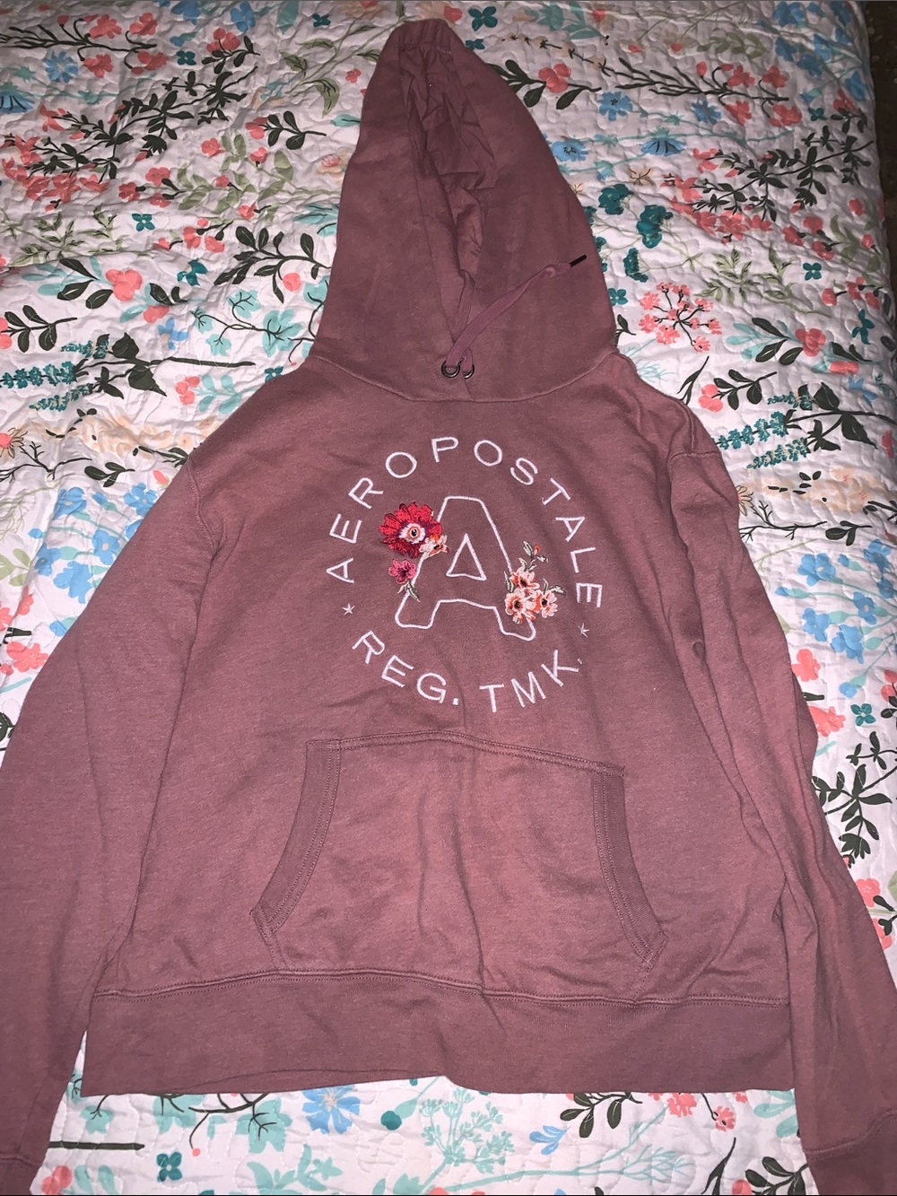 Aeropostale Dusty Mauve Floral-Embroidered Hoodie